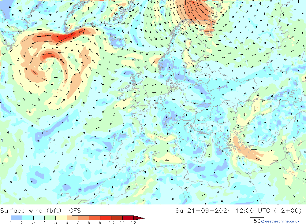 �N 10 米 (bft) GFS 星期六 21.09.2024 12 UTC