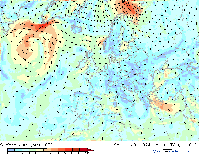 Viento 10 m (bft) GFS sáb 21.09.2024 18 UTC