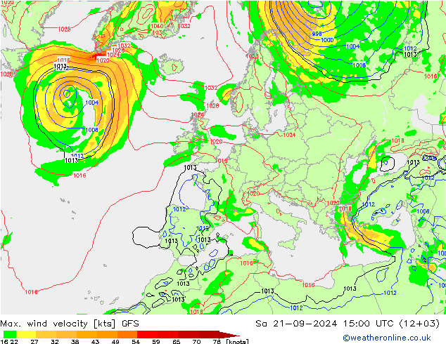 Max. wind velocity GFS 星期六 21.09.2024 15 UTC