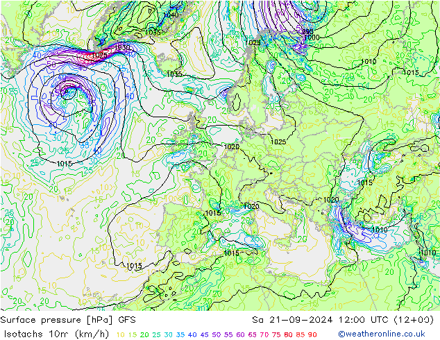 10米等风速线 (kph) GFS 星期六 21.09.2024 12 UTC