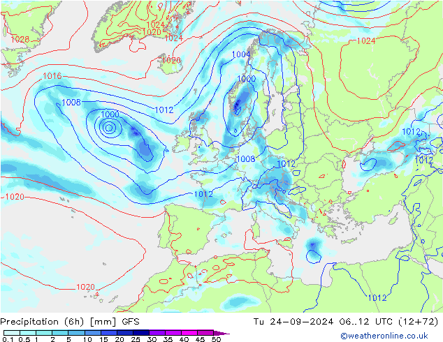 Z500/Regen(+SLP)/Z850 GFS di 24.09.2024 12 UTC