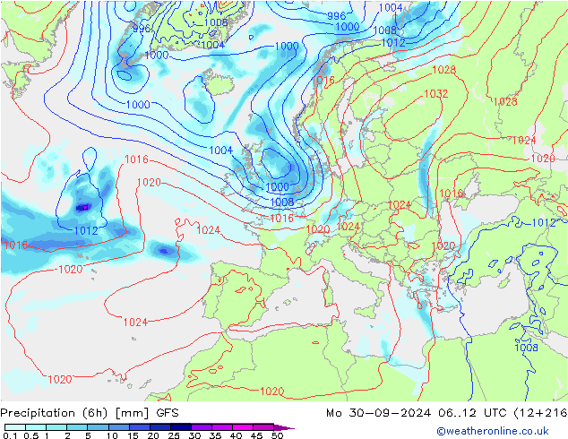 Z500/Rain (+SLP)/Z850 GFS Mo 30.09.2024 12 UTC