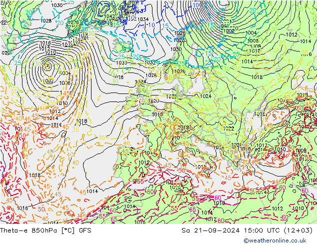 Theta-e 850hPa GFS 星期六 21.09.2024 15 UTC