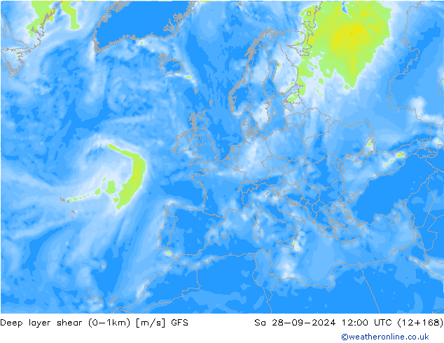 Deep layer shear (0-1km) GFS Sa 28.09.2024 12 UTC