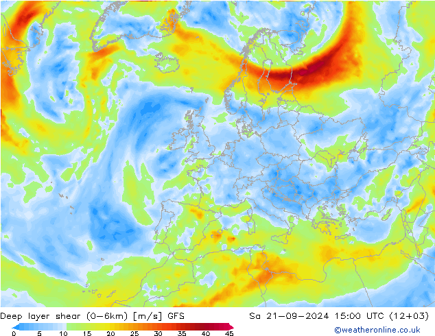 Deep layer shear (0-6km) GFS sáb 21.09.2024 15 UTC