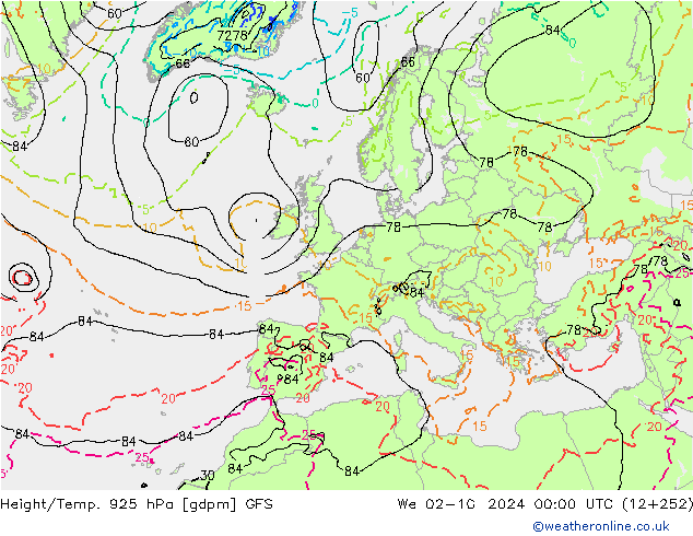 Height/Temp. 925 hPa GFS We 02.10.2024 00 UTC