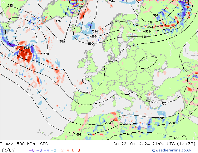 T-Adv. 500 hPa GFS dom 22.09.2024 21 UTC