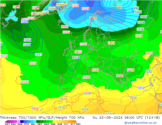 Thck 700-1000 hPa GFS 星期日 22.09.2024 06 UTC