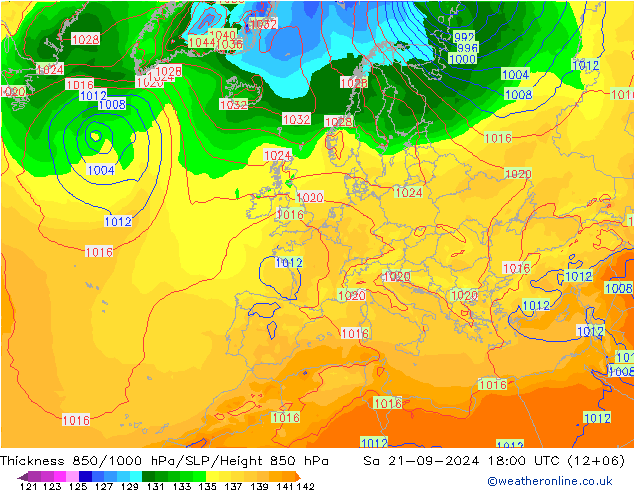 Thck 850-1000 hPa GFS 星期六 21.09.2024 18 UTC