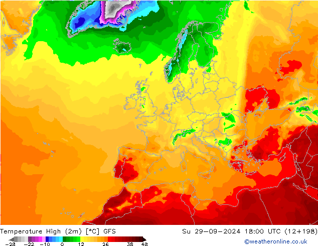 Temperature High (2m) GFS 星期日 29.09.2024 18 UTC