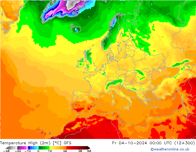 Temperature High (2m) GFS 星期五 04.10.2024 00 UTC