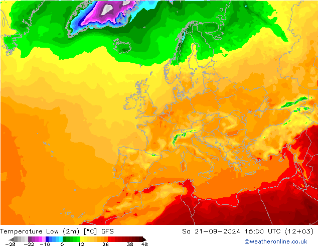 Temperature Low (2m) GFS 星期六 21.09.2024 15 UTC