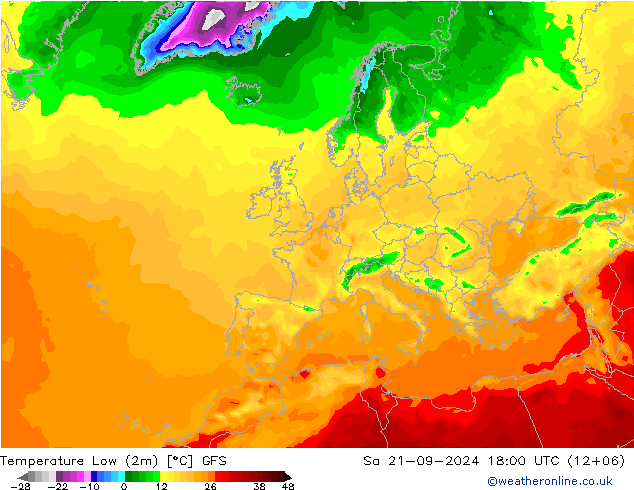 Temperature Low (2m) GFS 星期六 21.09.2024 18 UTC