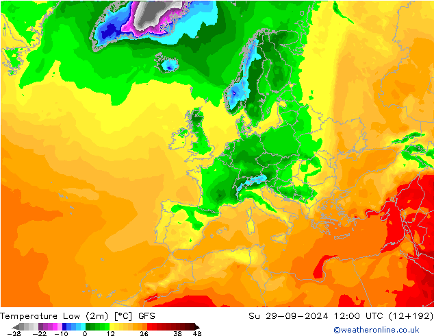 Temperature Low (2m) GFS 星期日 29.09.2024 12 UTC