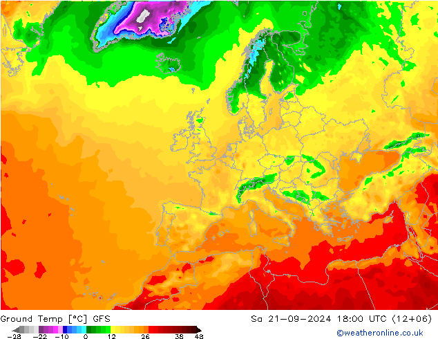 Temperatura del suelo GFS sáb 21.09.2024 18 UTC