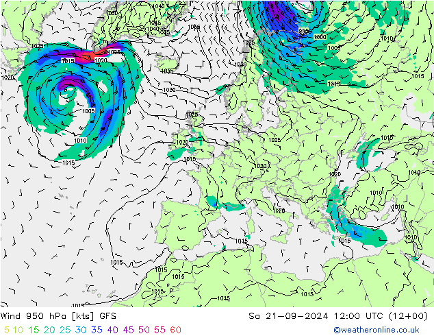 风 950 hPa GFS 星期六 21.09.2024 12 UTC