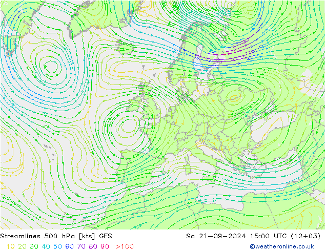 Línea de corriente 500 hPa GFS sáb 21.09.2024 15 UTC