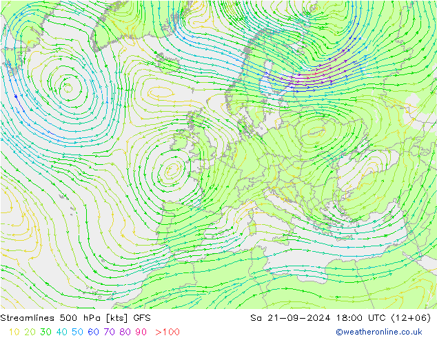 风 500 hPa GFS 星期六 21.09.2024 18 UTC