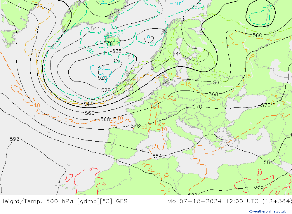 Z500/Rain (+SLP)/Z850 GFS Mo 07.10.2024 12 UTC