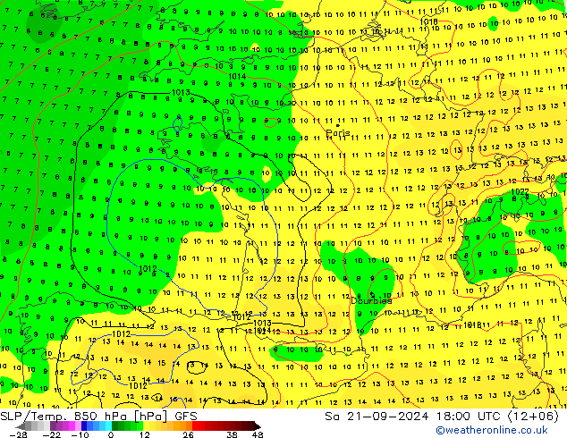 SLP/Temp. 850 hPa GFS Sa 21.09.2024 18 UTC