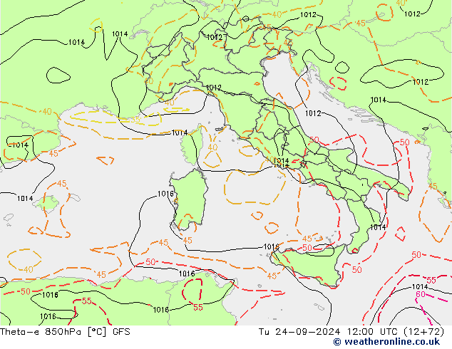 Theta-e 850hPa GFS Tu 24.09.2024 12 UTC