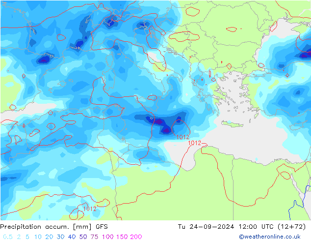 Precipitation accum. GFS Út 24.09.2024 12 UTC