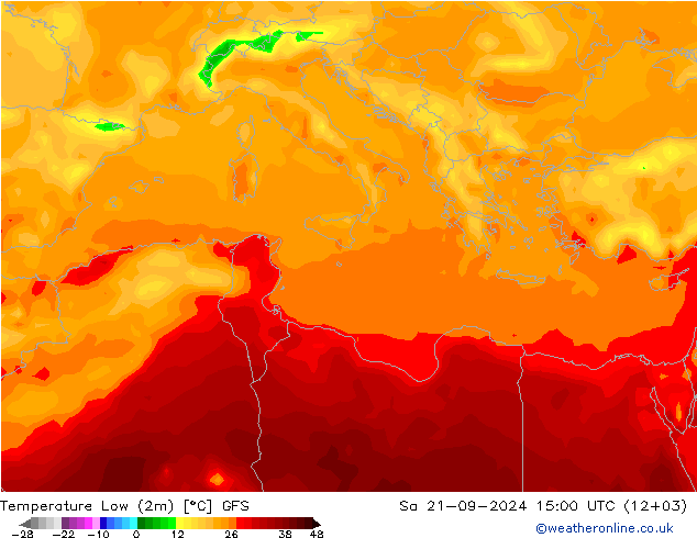 Temperature Low (2m) GFS Sa 21.09.2024 15 UTC