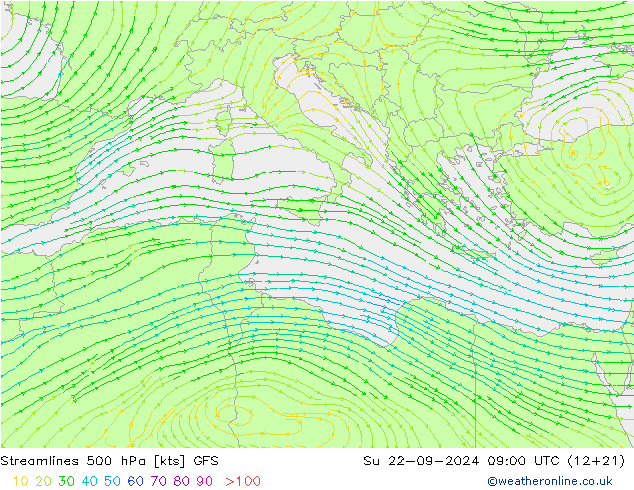 Streamlines 500 hPa GFS Su 22.09.2024 09 UTC