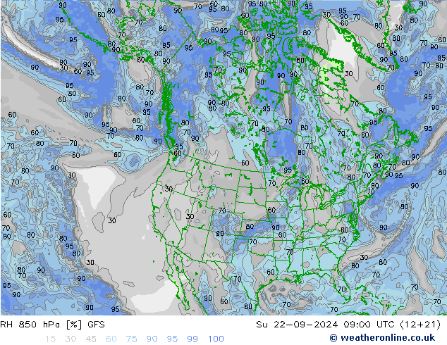 RH 850 hPa GFS 星期日 22.09.2024 09 UTC