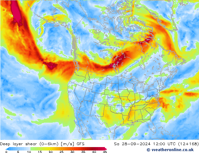 Deep layer shear (0-6km) GFS Sa 28.09.2024 12 UTC