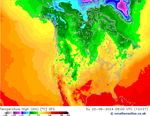 Temperature High (2m) GFS 星期日 22.09.2024 09 UTC