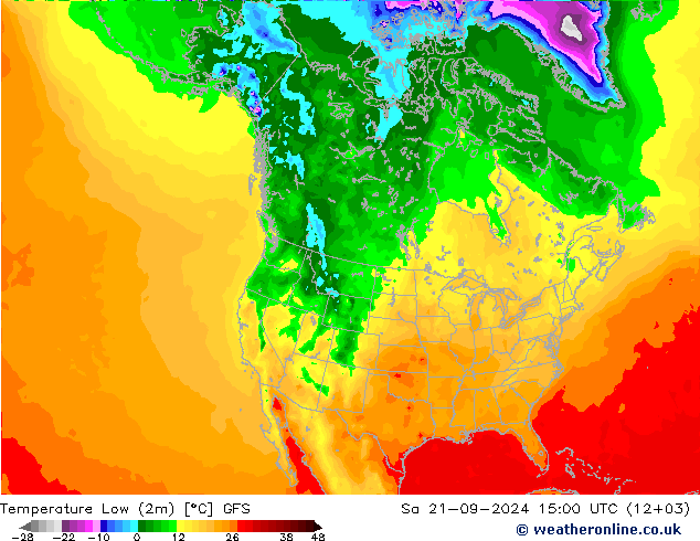 Temperatura mín. (2m) GFS sáb 21.09.2024 15 UTC