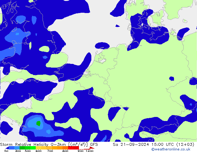 Storm Relative Helicity GFS 星期六 21.09.2024 15 UTC