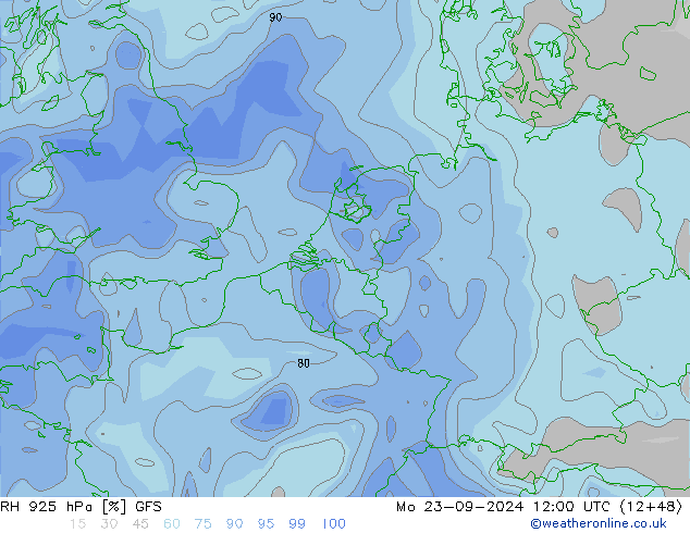 RH 925 hPa GFS 星期一 23.09.2024 12 UTC