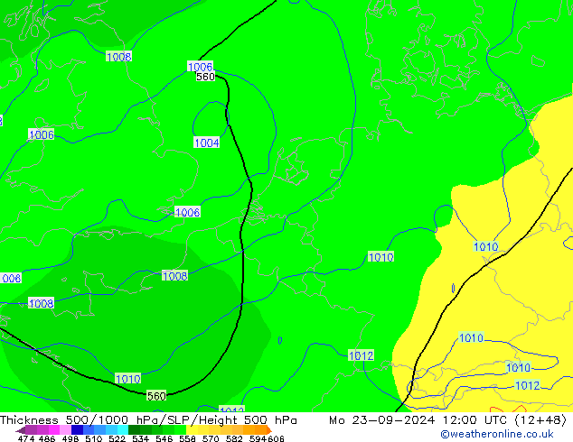 Thck 500-1000hPa GFS 星期一 23.09.2024 12 UTC