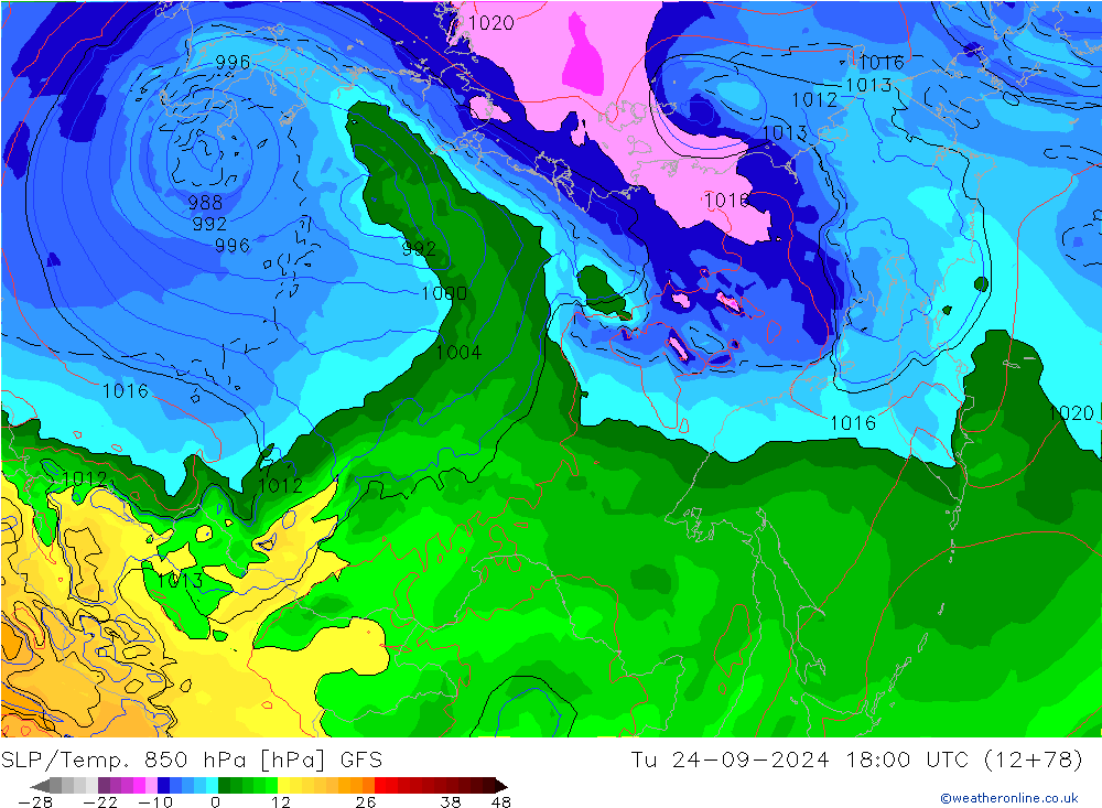 SLP/Temp. 850 hPa GFS Tu 24.09.2024 18 UTC