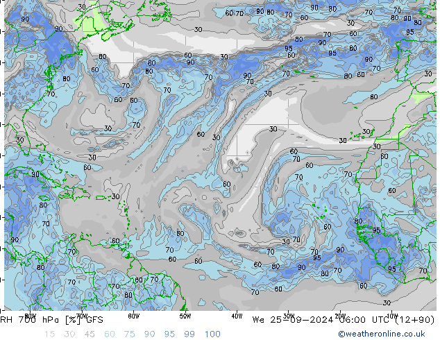 RH 700 hPa GFS We 25.09.2024 06 UTC