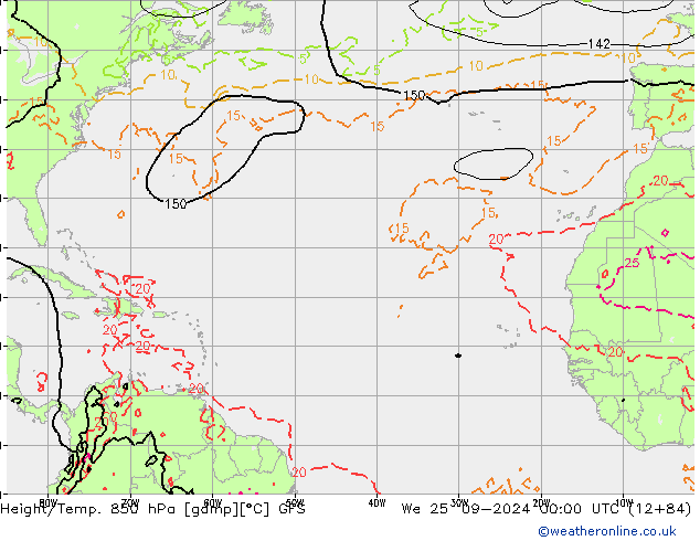 Height/Temp. 850 hPa GFS Mi 25.09.2024 00 UTC