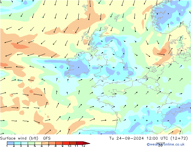 Surface wind (bft) GFS Tu 24.09.2024 12 UTC