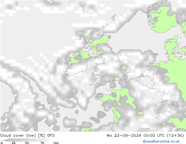 Cloud cover (low) GFS Mo 23.09.2024 00 UTC