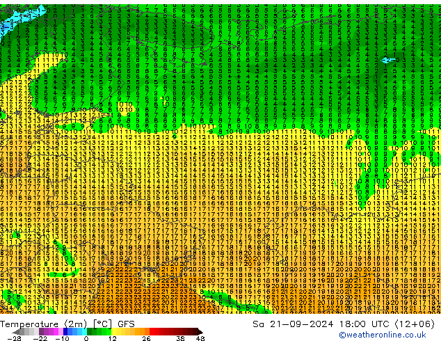 Temperature (2m) GFS Sa 21.09.2024 18 UTC