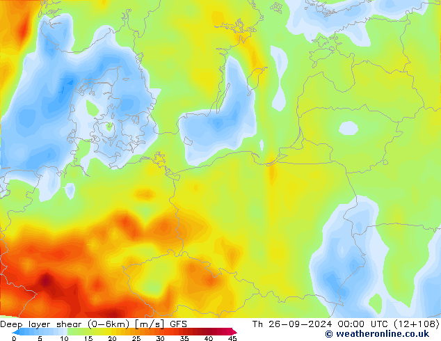 Deep layer shear (0-6km) GFS Th 26.09.2024 00 UTC