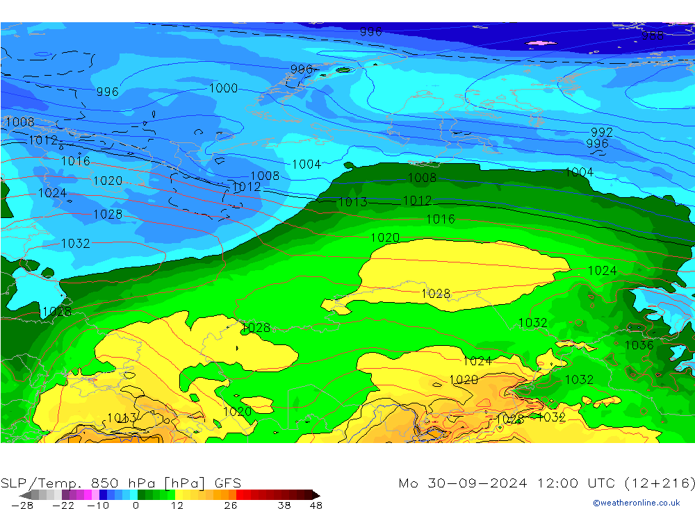 SLP/Temp. 850 hPa GFS Po 30.09.2024 12 UTC