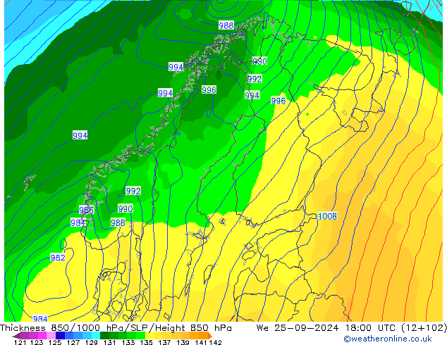 Thck 850-1000 hPa GFS We 25.09.2024 18 UTC