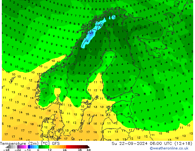 Temperature (2m) GFS Su 22.09.2024 06 UTC