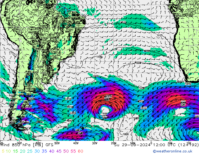 Wind 850 hPa GFS Su 29.09.2024 12 UTC