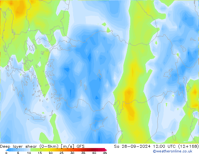 Deep layer shear (0-6km) GFS Sa 28.09.2024 12 UTC