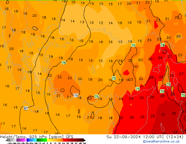 Height/Temp. 925 hPa GFS Su 22.09.2024 12 UTC
