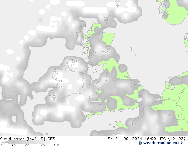 Cloud cover (low) GFS Sa 21.09.2024 15 UTC