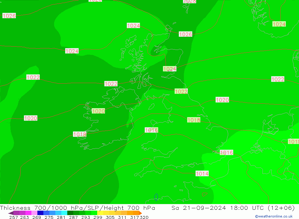 Thck 700-1000 hPa GFS 星期六 21.09.2024 18 UTC